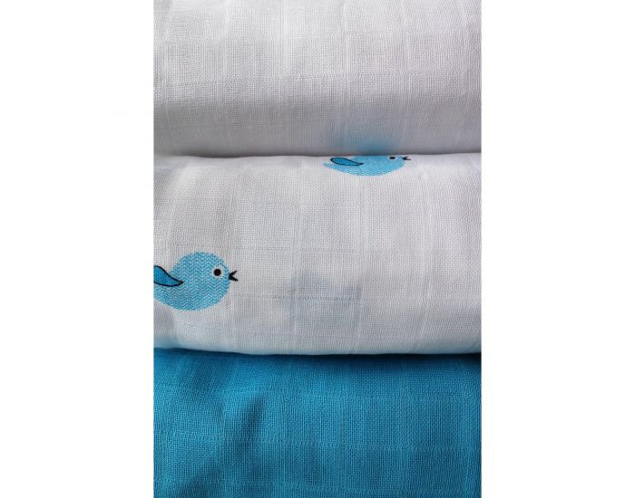 KADOLIS Lot de 3 Langes 100% Coton Bio Motifs Oiseaux Bleu - 60 x 60 cm 60 x 60 cm (2)