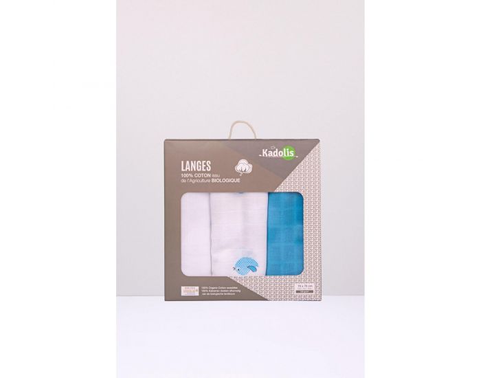 KADOLIS Lot de 3 Langes 100% Coton Bio Motifs Oiseaux Bleu - 60 x 60 cm 60 x 60 cm (4)