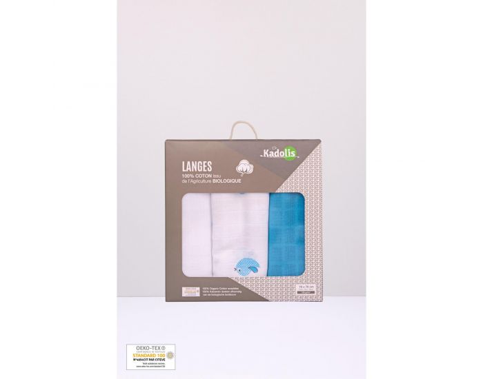 KADOLIS Lot de 3 Langes 100% Coton Bio Motifs Oiseaux Bleu - 60 x 60 cm 60 x 60 cm (6)