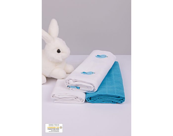 KADOLIS Lot de 3 Langes 100% Coton Bio Motifs Oiseaux Bleu - 60 x 60 cm 60 x 60 cm (7)