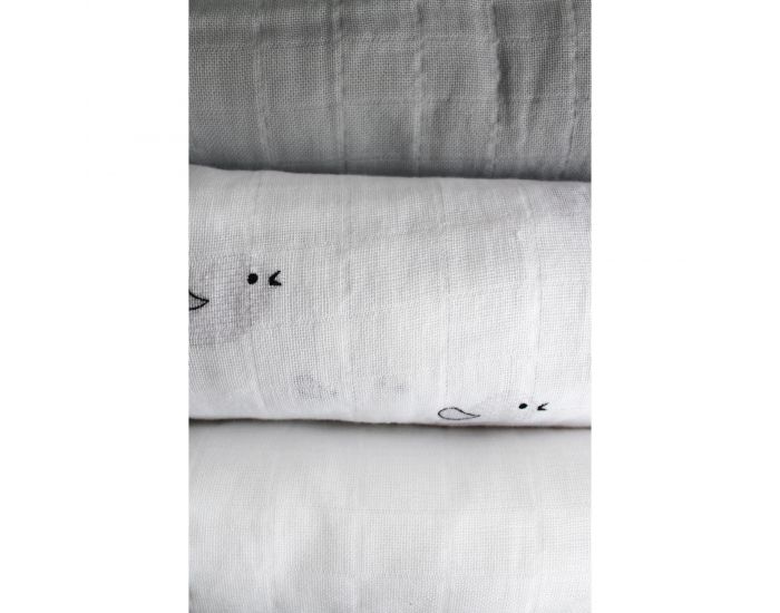KADOLIS Lot de 3 Langes 100% Coton Bio Motifs Oiseaux Gris - 60 x 60 cm 60 x 60 cm (1)