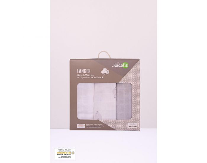 KADOLIS Lot de 3 Langes 100% Coton Bio Motifs Oiseaux Gris - 60 x 60 cm 60 x 60 cm (7)