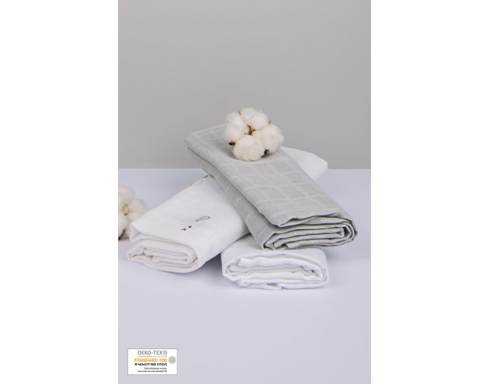 KADOLIS Lot de 3 Langes 100% Coton Bio Motifs Oiseaux Gris - 60 x 60 cm 60 x 60 cm (8)