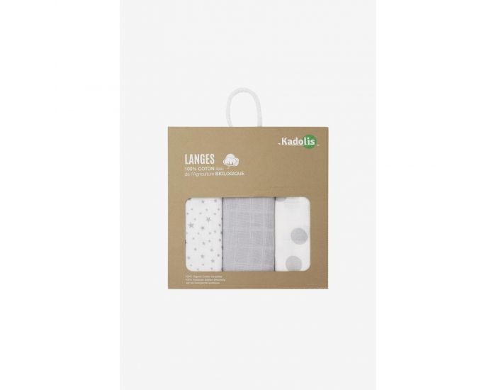 KADOLIS Lot de 3 Langes 100% Coton Bio Imprims Gris - 60 x 60 cm 60 x 60 cm (2)