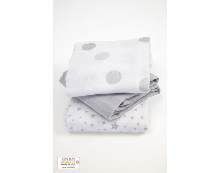 KADOLIS Lot de 3 Langes 100% Coton Bio Imprims Gris - 60 x 60 cm 60 x 60 cm (15)