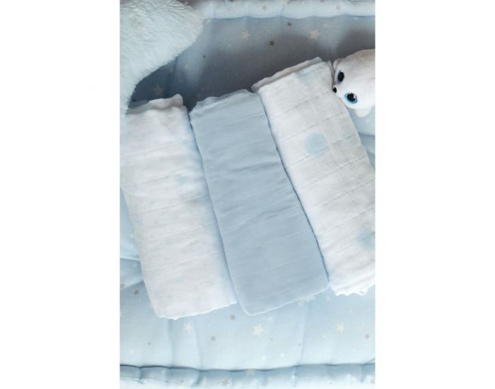 KADOLIS Lot de 3 Langes - Coton Bio - Imprims Bleu Ciel 60 x 60 cm (2)