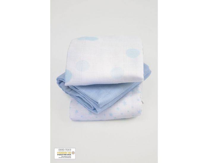 KADOLIS Lot de 3 Langes - Coton Bio - Imprims Bleu Ciel 60 x 60 cm (5)