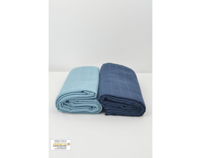 KADOLIS Lot de 2 Maxi Langes 100% Coton Bio Imprims Etoiles Bleu Ardoise 120 x 120 cm (1)