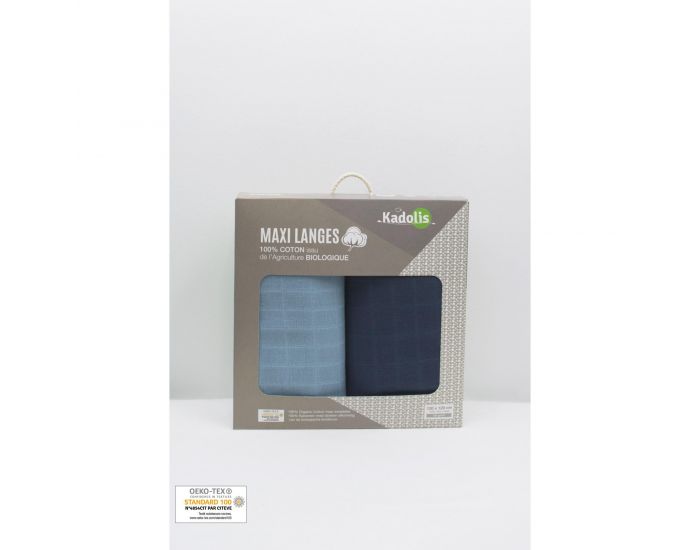 KADOLIS Lot de 2 Maxi Langes 100% Coton Bio Imprims Etoiles Bleu Ardoise 120 x 120 cm (2)