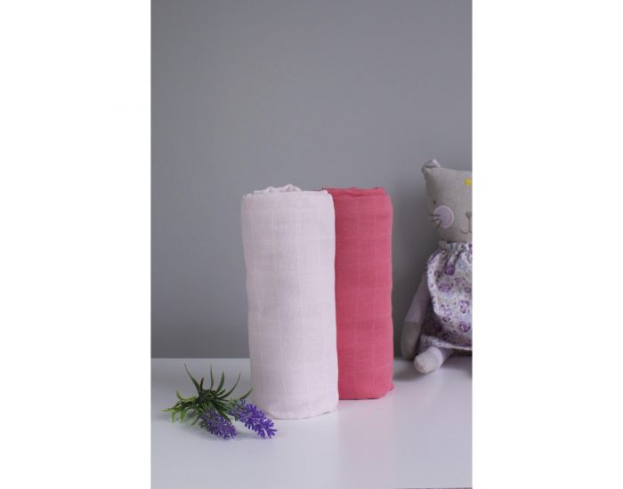 KADOLIS Lot de 2 Maxi Langes 100% Coton Bio Imprims Etoiles Rose Corail 120 x 120 cm (1)