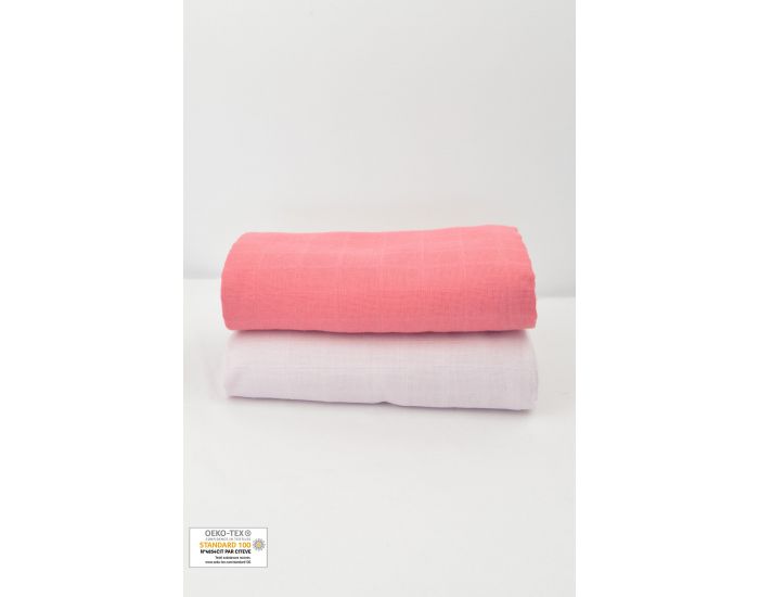 KADOLIS Lot de 2 Maxi Langes 100% Coton Bio Imprims Etoiles Rose Corail 120 x 120 cm (11)