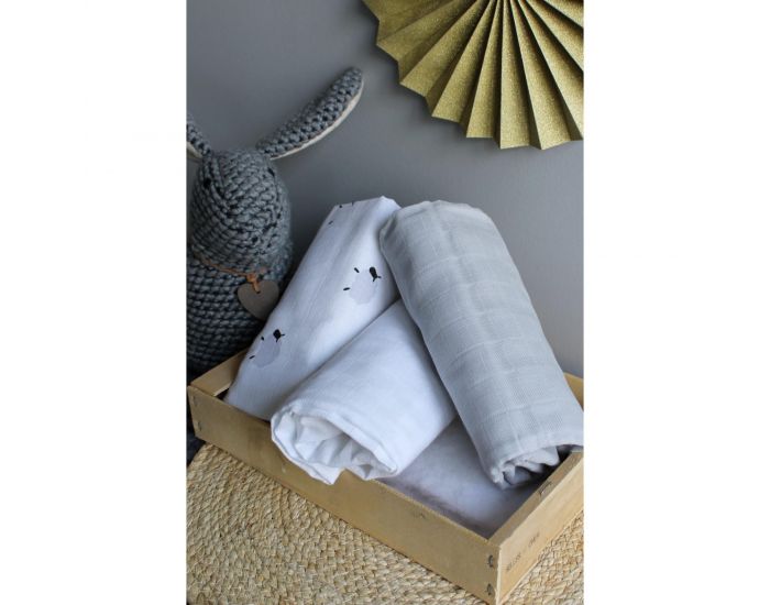 KADOLIS Lot de 3 Langes 100% Coton Bio Motifs Moutons Gris 60 x 60 cm 60 x 60 cm (1)