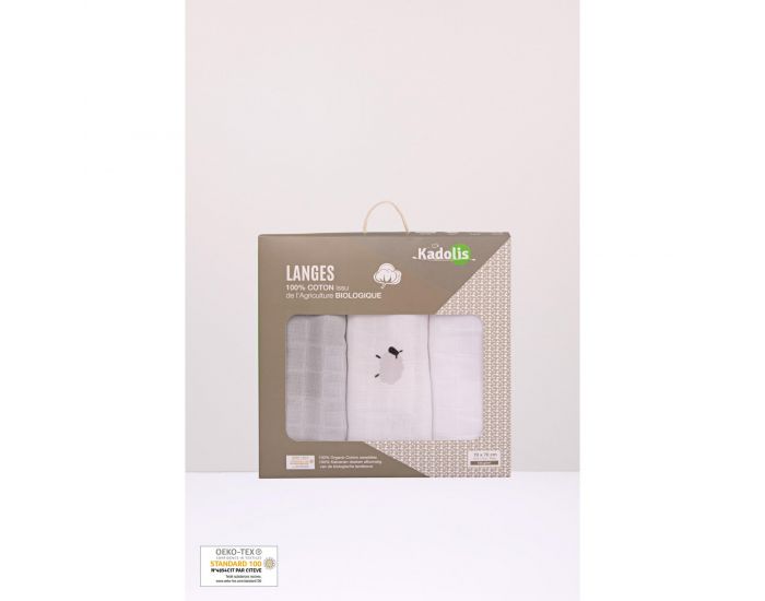 KADOLIS Lot de 3 Langes 100% Coton Bio Motifs Moutons Gris 60 x 60 cm 60 x 60 cm (7)