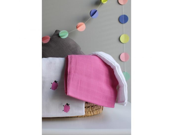 KADOLIS Lot de 3 Langes 100% Coton Bio Motifs Moutons Rose  60 x 60 cm (1)