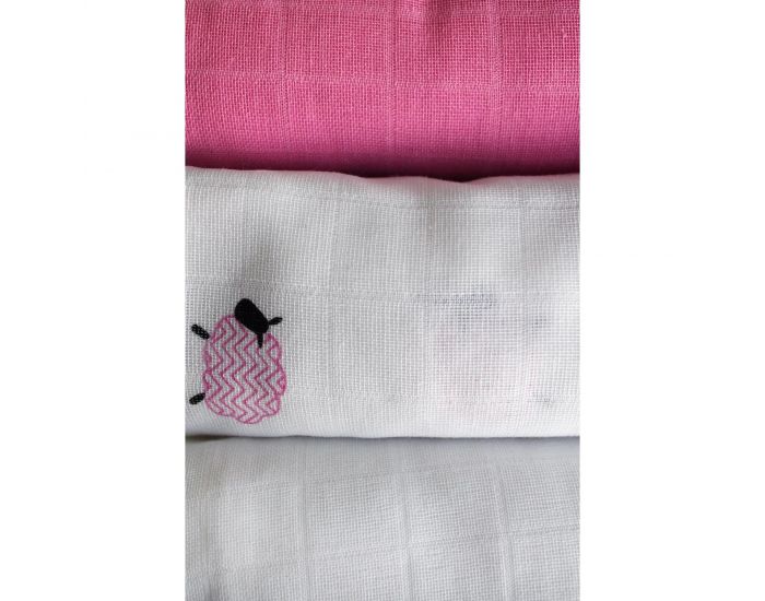 KADOLIS Lot de 3 Langes 100% Coton Bio Motifs Moutons Rose  60 x 60 cm (3)