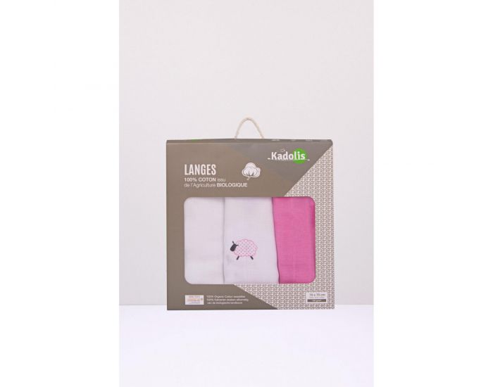 KADOLIS Lot de 3 Langes 100% Coton Bio Motifs Moutons Rose  60 x 60 cm (4)