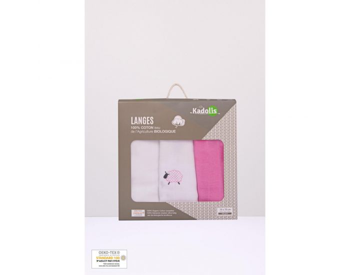 KADOLIS Lot de 3 Langes 100% Coton Bio Motifs Moutons Rose  60 x 60 cm (6)