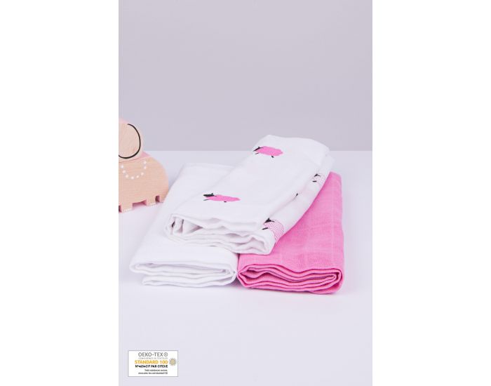 KADOLIS Lot de 3 Langes 100% Coton Bio Motifs Moutons Rose  60 x 60 cm (7)