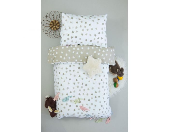KADOLIS Housse de Couette Bb + Taie en Coton Bio Motifs Etoile Beige 100 x 140 cm (1)