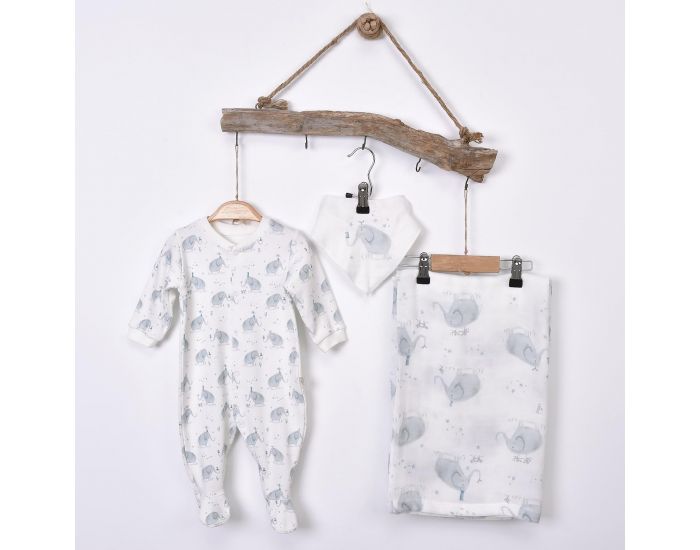 SEVIRA KIDS Kit Dors-Bien + Bandana + Lange en coton Bio - Elphants Gris (3)