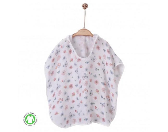 SEVIRA KIDS Poncho de bain bb et enfant en mousseline de coton bio - Fleurs et papillons Blanc (6)