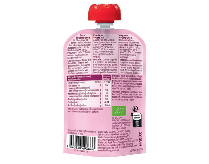 HOLLE Gourde Dino Dance - Pomme Myrtille Prune - 100 g - Ds 6 mois (1)