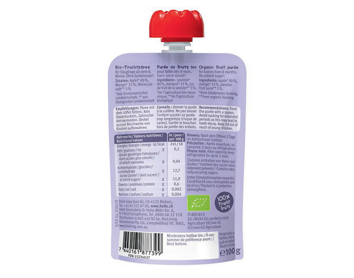 HOLLE Gourde Tropic Tiger - Pomme Mangue Fruits de la Passion - 100 g - Ds 8 mois (1)