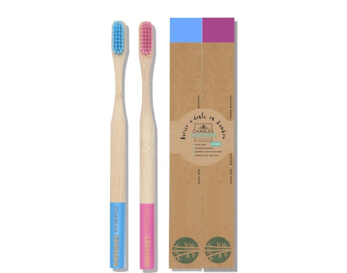  CHARLES GERMAIN COSMETICS Brosse � dents en bambou - Pack de 2 Bleu & Rose (1)