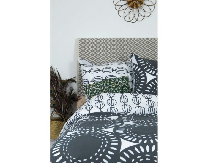 KADOLIS Housse de couette adulte en coton bio motifs ronds gris + taies (1)