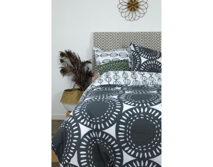 KADOLIS Housse de couette adulte en coton bio motifs ronds gris + taies (2)