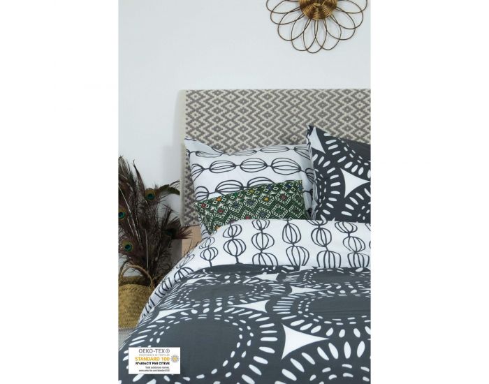 KADOLIS Housse de couette adulte en coton bio motifs ronds gris + taies (3)