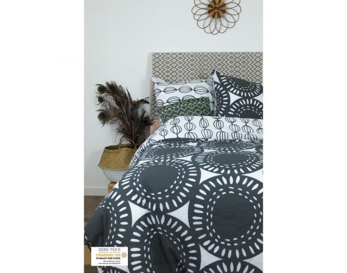 KADOLIS Housse de couette adulte en coton bio motifs ronds gris + taies (4)
