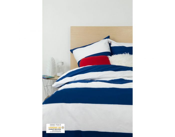 KADOLIS Housse de couette adulte Coton bio  rayures bleues + taies (2)