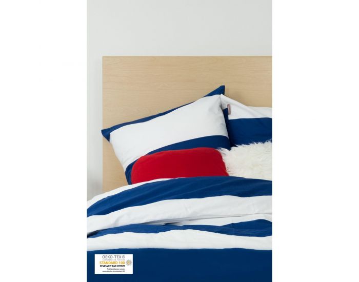 KADOLIS Housse de couette adulte Coton bio  rayures bleues + taies (3)
