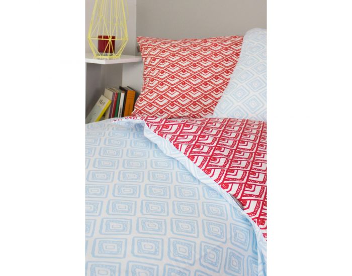KADOLIS Housse de couette + taies adulte Coton bio Bleu/rouge (1)