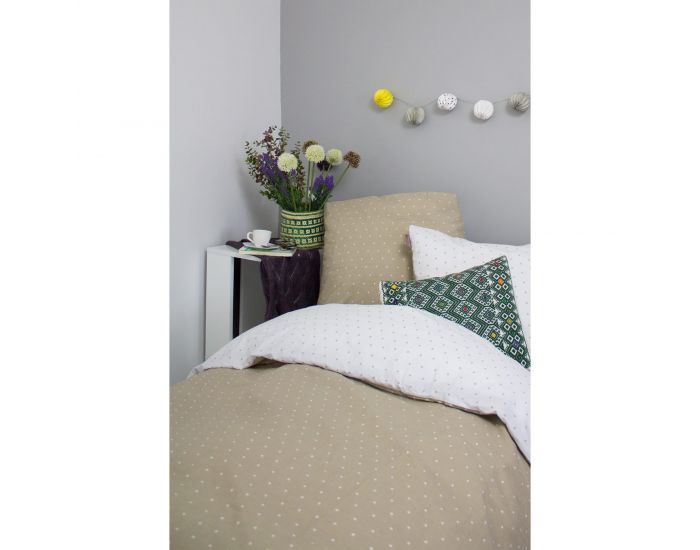 KADOLIS Housse de couette adulte Coton bio Taupe pois + taies (1)