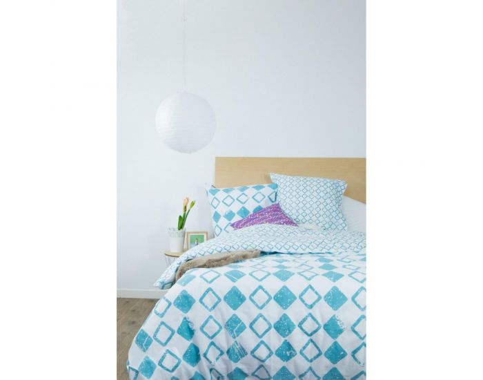 KADOLIS Housse de couette adulte en coton bio Losanges bleus/blancs + taies (1)