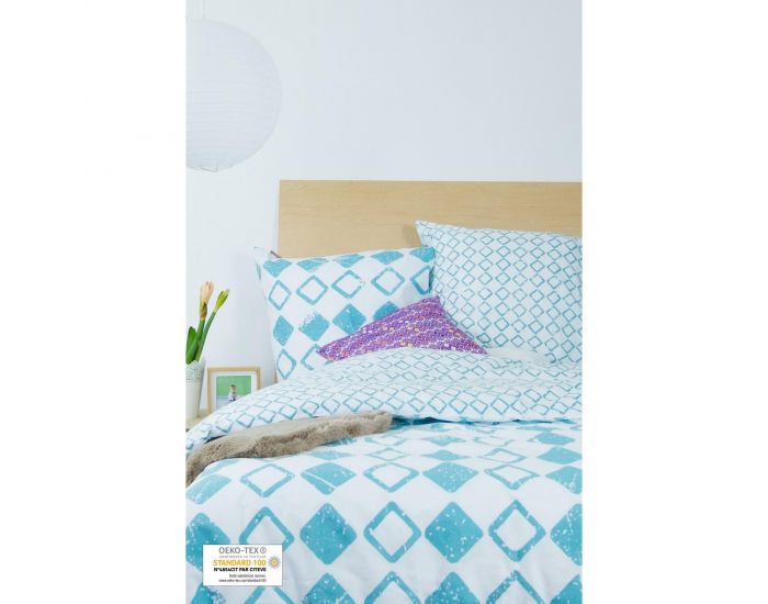 KADOLIS Housse de couette adulte en coton bio Losanges bleus/blancs + taies (2)