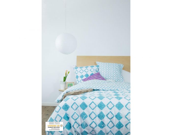 KADOLIS Housse de couette adulte en coton bio Losanges bleus/blancs + taies (3)