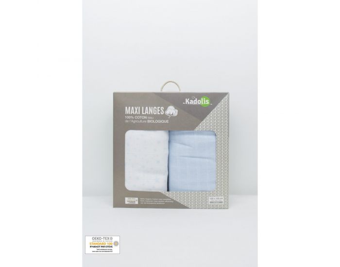 KADOLIS Lot de 2 Maxi langes 100% Coton Bio imprims Etoiles Bleu ciel 120 x 120 cm (19)