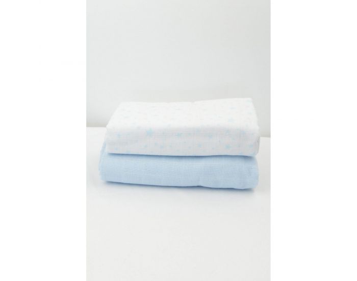 KADOLIS Lot de 2 Maxi langes 100% Coton Bio imprims Etoiles Bleu ciel 120 x 120 cm (4)