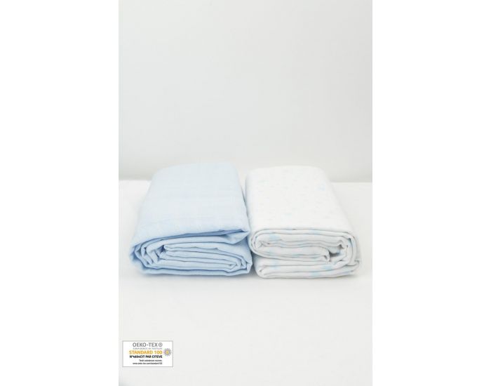 KADOLIS Lot de 2 Maxi langes 100% Coton Bio imprims Etoiles Bleu ciel 120 x 120 cm (6)