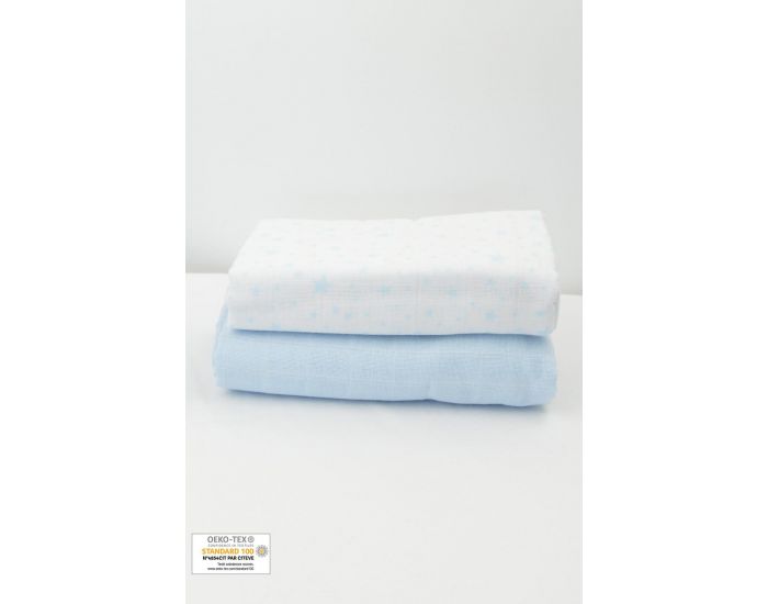 KADOLIS Lot de 2 Maxi langes 100% Coton Bio imprims Etoiles Bleu ciel 120 x 120 cm (7)