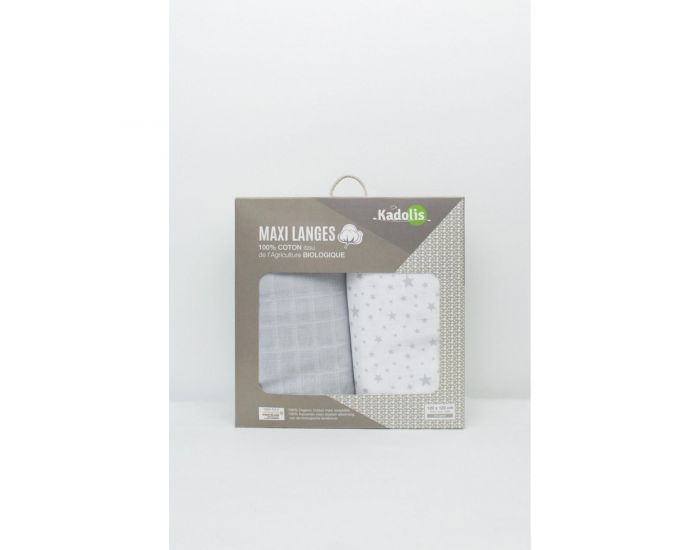 KADOLIS Lot de 2 Maxi langes 100% coton bio imprims Etoiles Gris 120 x 120 cm (5)