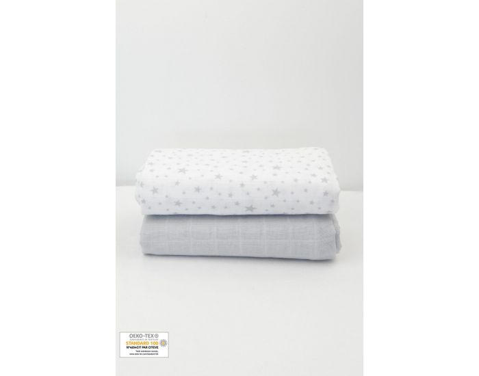 KADOLIS Lot de 2 Maxi langes 100% coton bio imprims Etoiles Gris 120 x 120 cm (7)