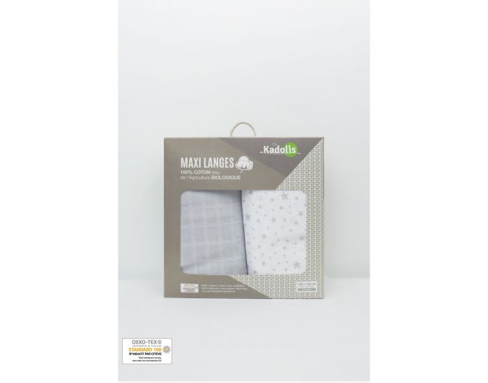 KADOLIS Lot de 2 Maxi langes 100% coton bio imprims Etoiles Gris 120 x 120 cm (19)