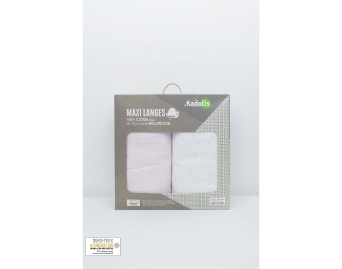KADOLIS Lot de 2 Maxi langes 100% coton bio imprims Etoiles Rose ple 120 x 120 cm (16)