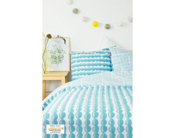 KADOLIS Housse de couette adulte en coton bio Galets Bleus + taies (4)