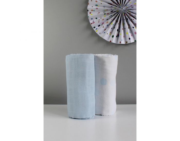 KADOLIS Lot de 2 Maxi langes 100% coton bio imprims Ronds Bleu ciel 120 x 120 cm (1)