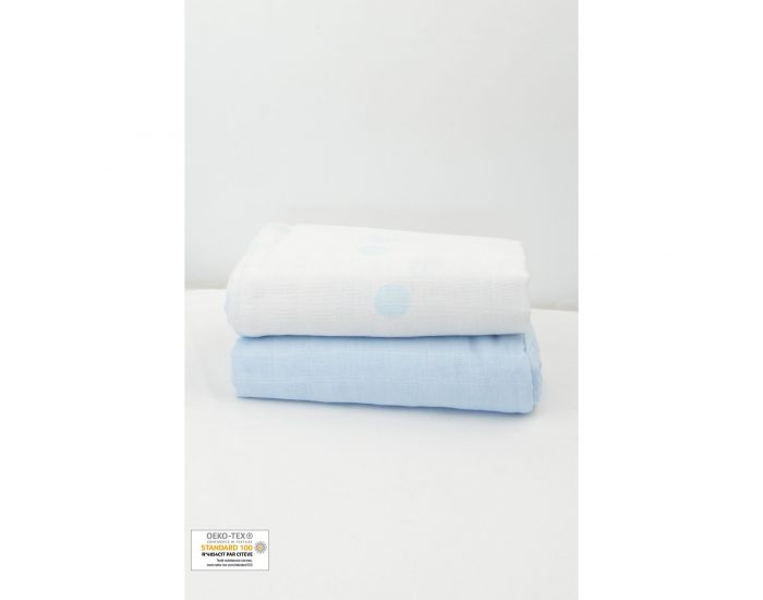 KADOLIS Lot de 2 Maxi langes 100% coton bio imprims Ronds Bleu ciel 120 x 120 cm (10)